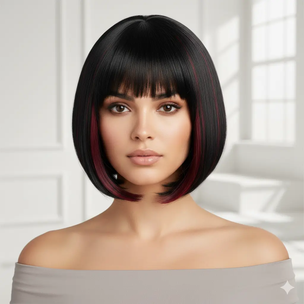 2053 Short Bob Wig with Bangs – Black with Red Highlights